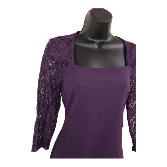 Purple lace sleeve square neck‎ sequin sheath dress gown size 6 petite new - Picture 6 of 14